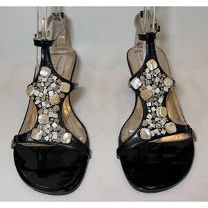 AJ Valenci Built for Comfort Black Patent Beaded T Strap Wedge Sandals 10M
